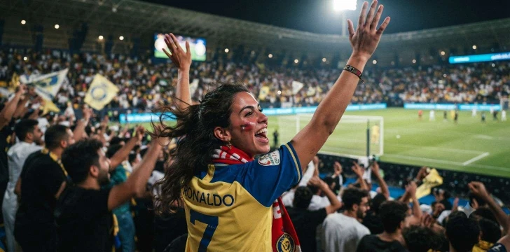 Football fan celebrating in stadium crowd