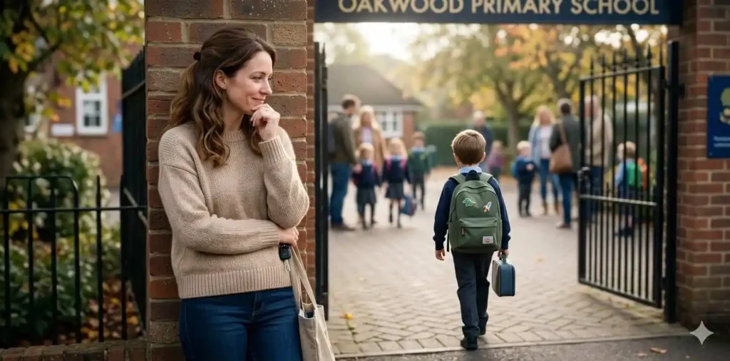 Mother watching son enter school gate