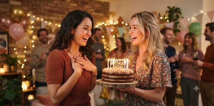Sisters celebrating a birthday with cake