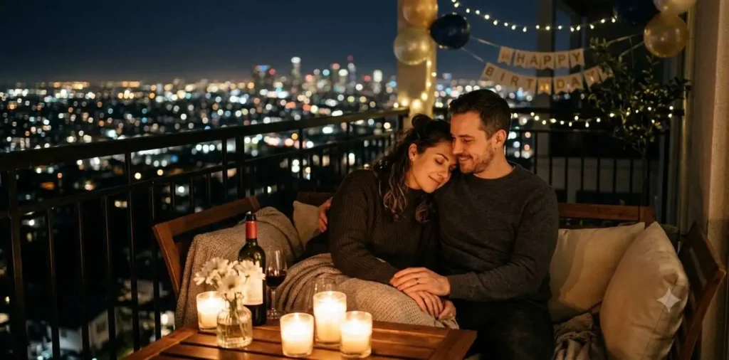 Couple sharing intimate birthday moment together