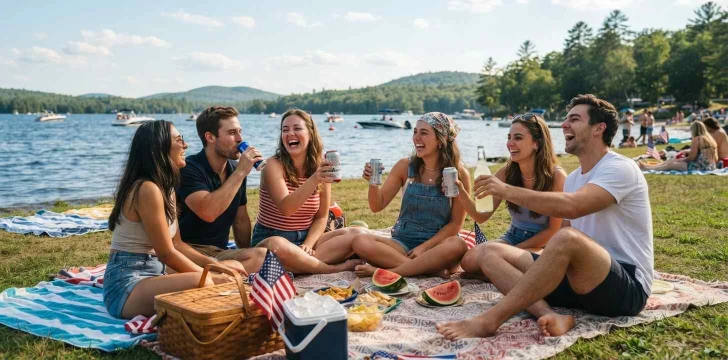 Friends relaxing beside a lake