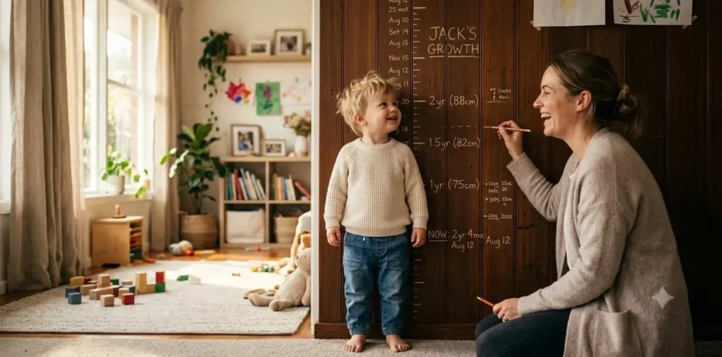 Toddler measuring height beside family wall