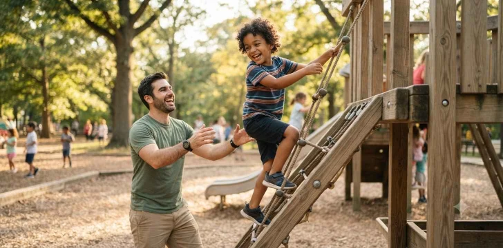 Nephew and uncle laughing at playground