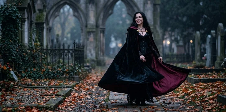 Person wearing elegant vampire costume outdoors