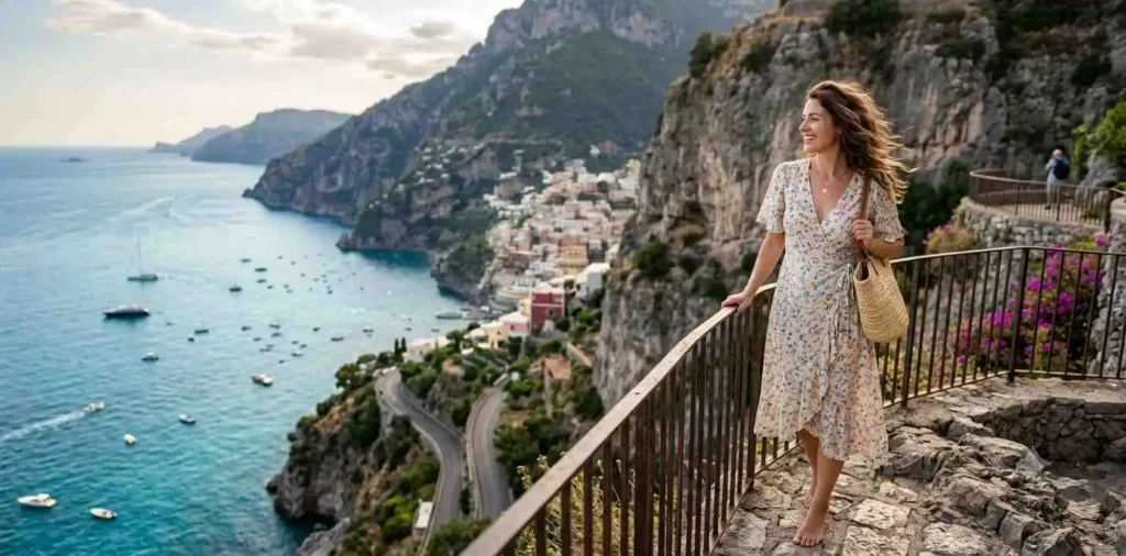 Traveler overlooking the colorful Amalfi Coast.