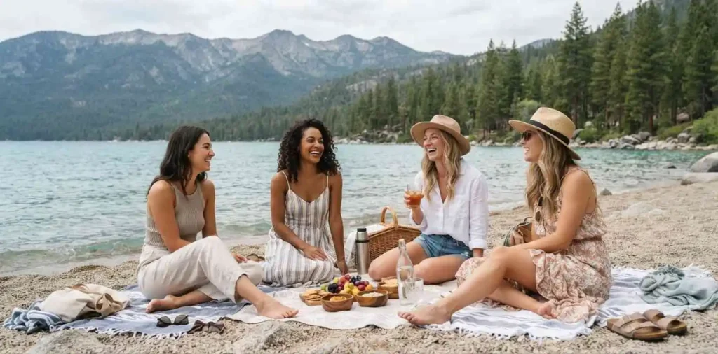 Friends relaxing by Lake Tahoe shore