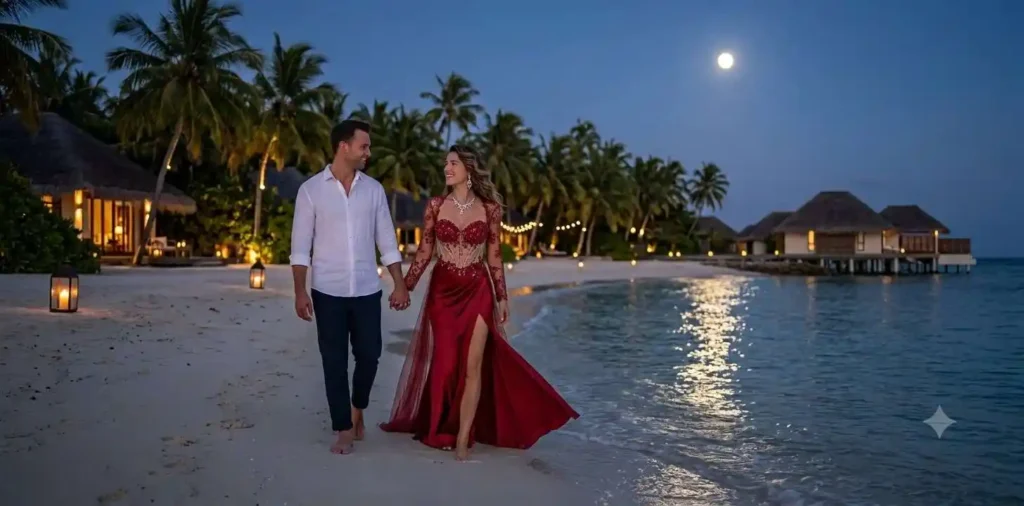 Couple embracing beside turquoise ocean at sunset