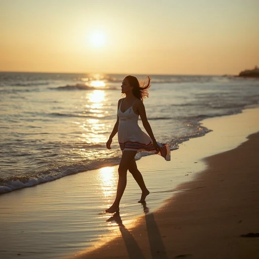 Woman walking along beach at sunset