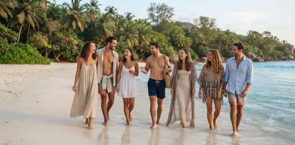 Friends walking along a tropical beach shoreline