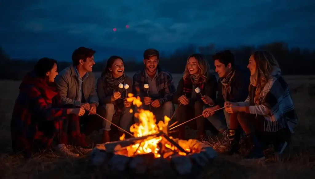 Friends enjoying a bonfire on a cool autumn evening