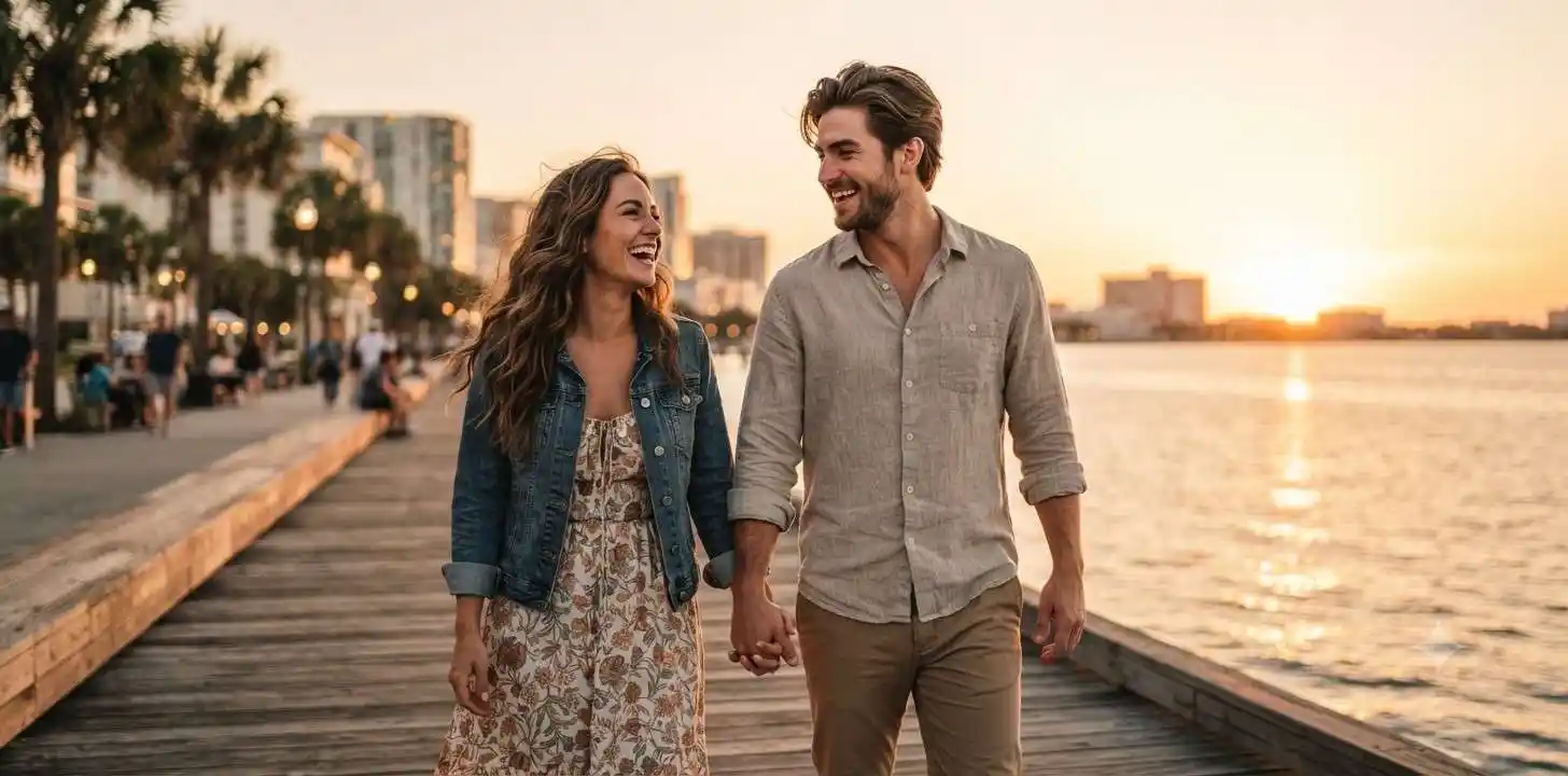 Couple smiling during sunset walk