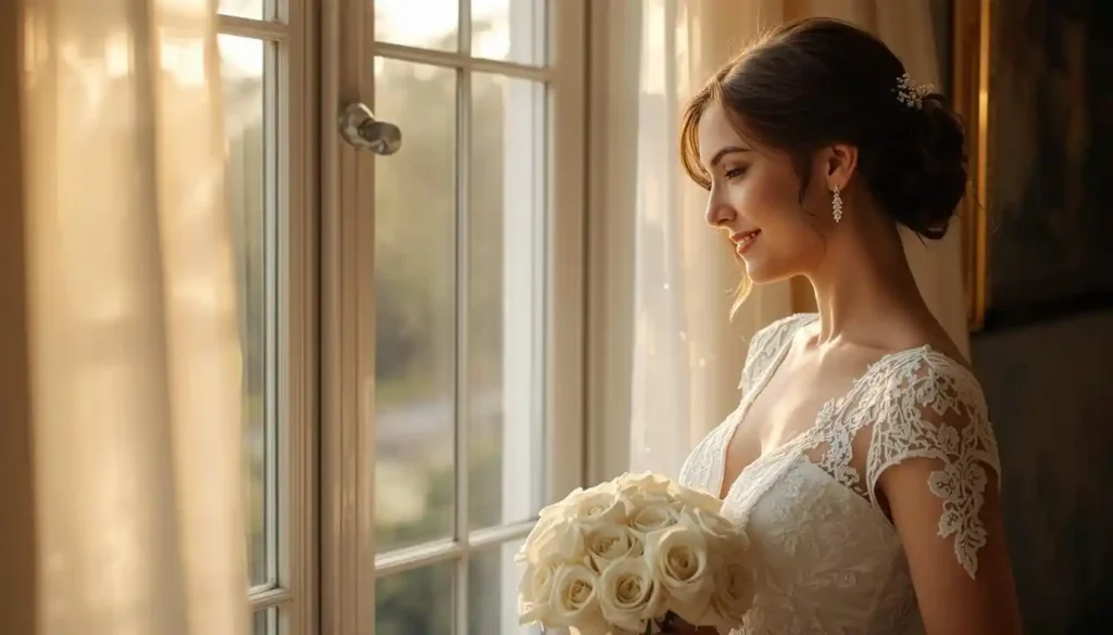 Bride smiling while holding her bouquet