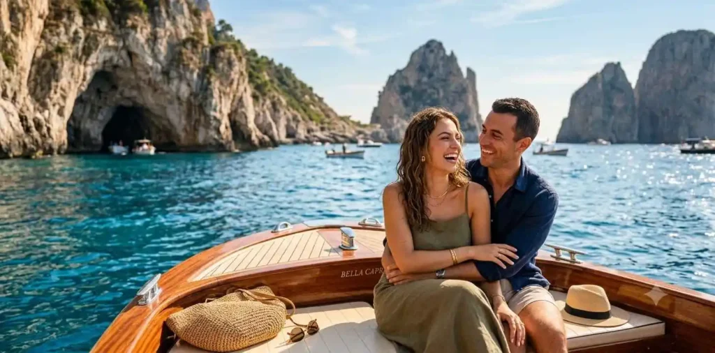 Couple enjoying a boat ride near Capri.