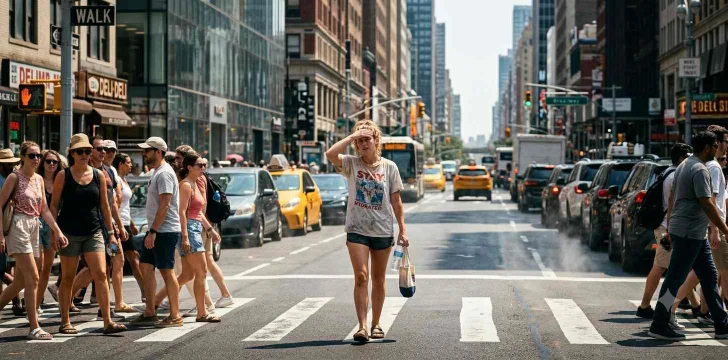 Woman walking through overheated city street