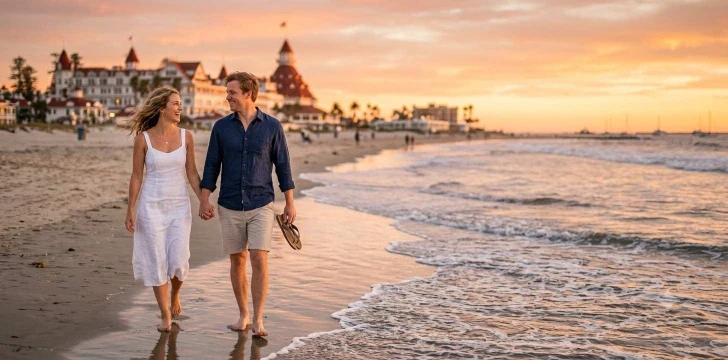 Couple walking along Coronado Beach at sunset