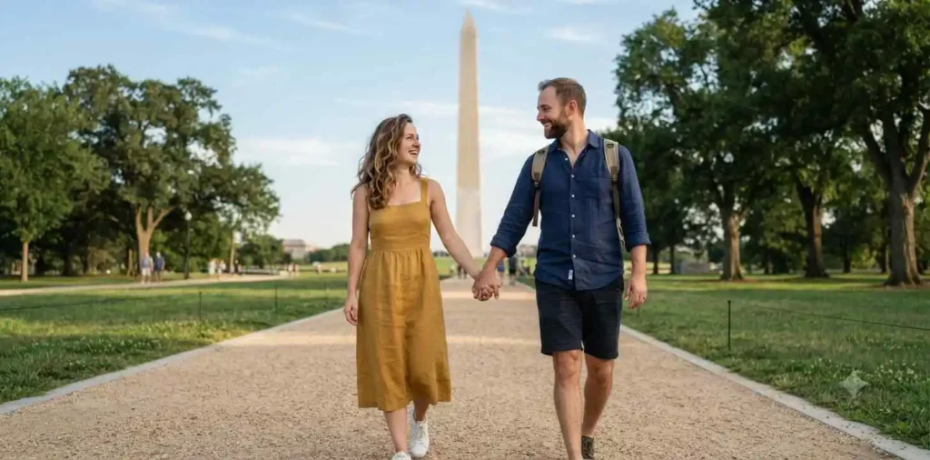 Couple walking near the Washington Monument