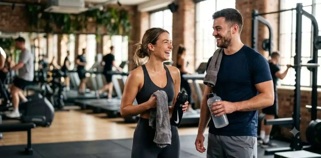Couple smiling after finishing gym workout together