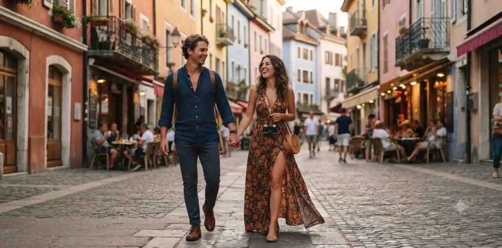 Couple exploring a charming European street together