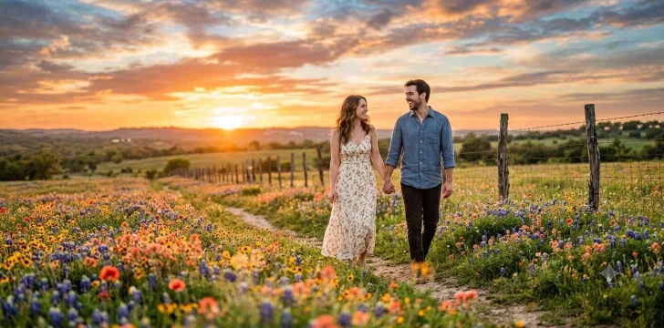 Couple holding hands during a Texas sunset.