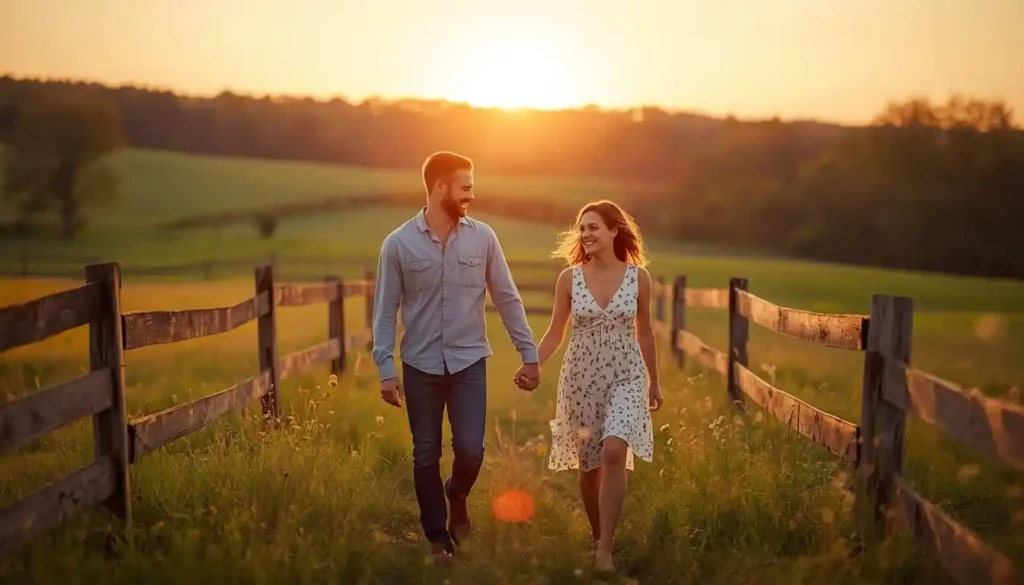 Couple walking hand in hand through Tennessee countryside.