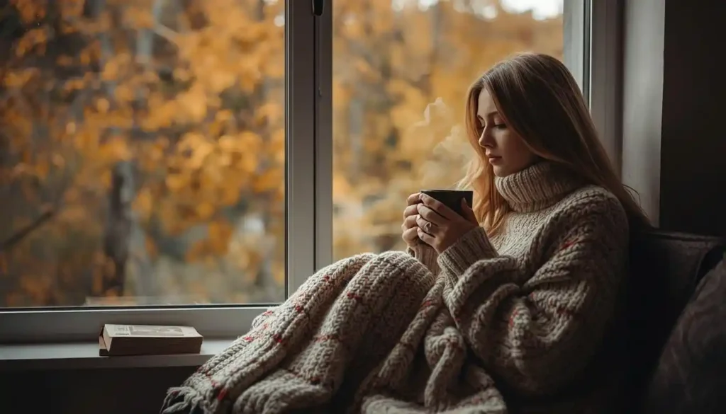 Woman relaxing in a cozy sweater by the window