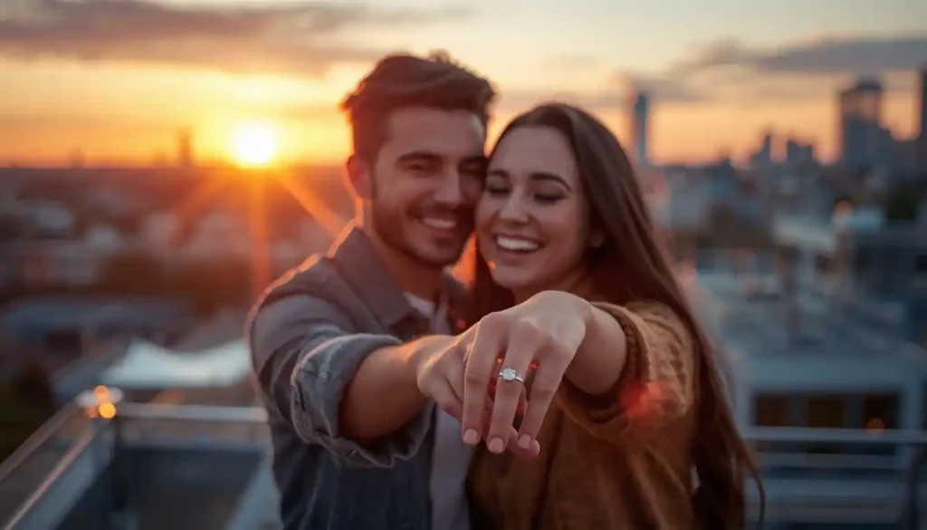 Couple showing engagement ring with joyful smiles