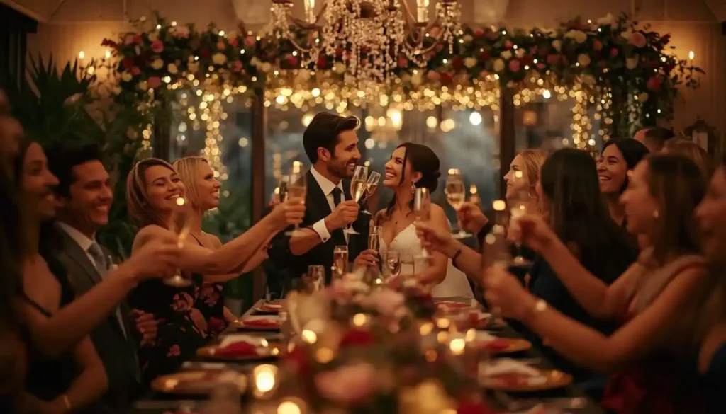 Friends celebrating engagement with joyful couple