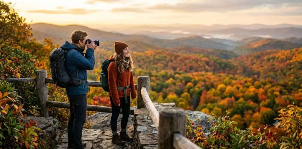 Couple enjoying colorful autumn mountain scenery