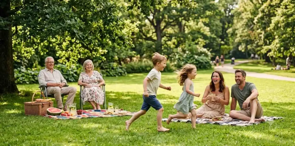 Family enjoying a sunny picnic in the park