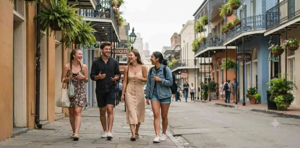 Friends walking through the French Quarter