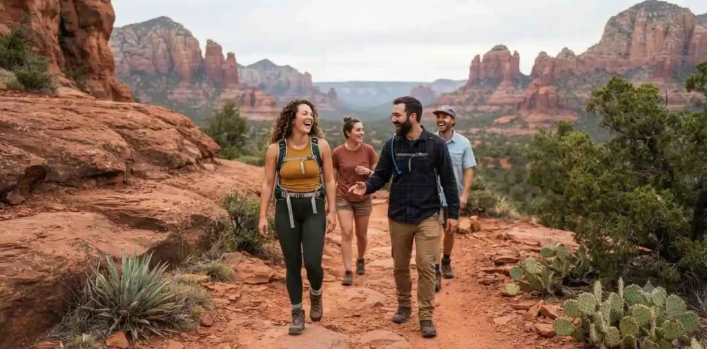 Friends exploring Sedona red rock trails together