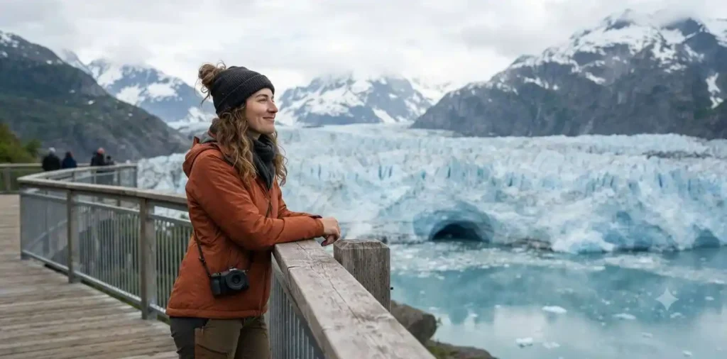 Traveler overlooking a blue glacier