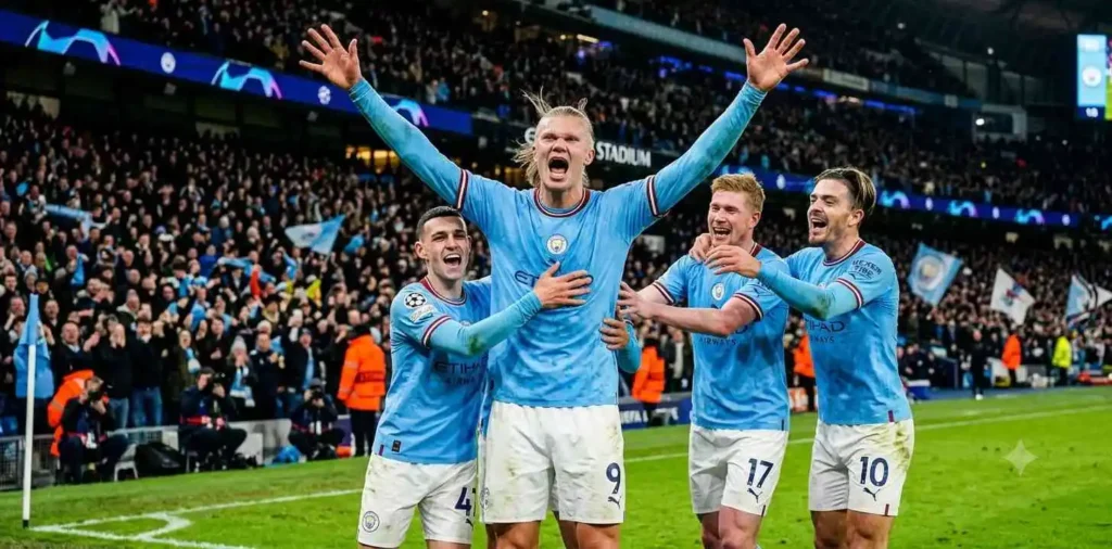 Footballer celebrating goal with teammates