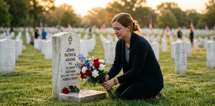 Woman placing flowers at military grave