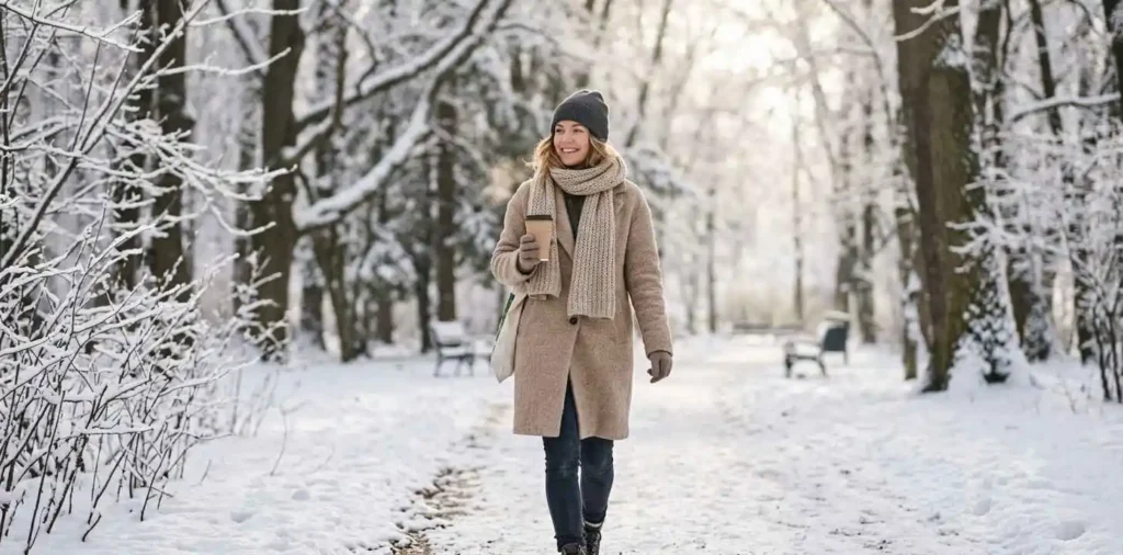 Woman enjoying a cozy winter morning outdoors