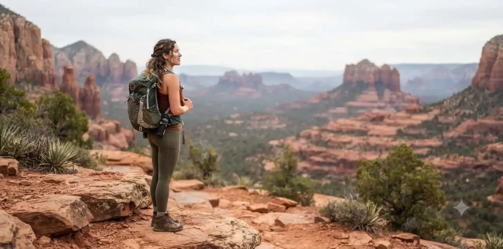 Hiker standing on a scenic red rock trail