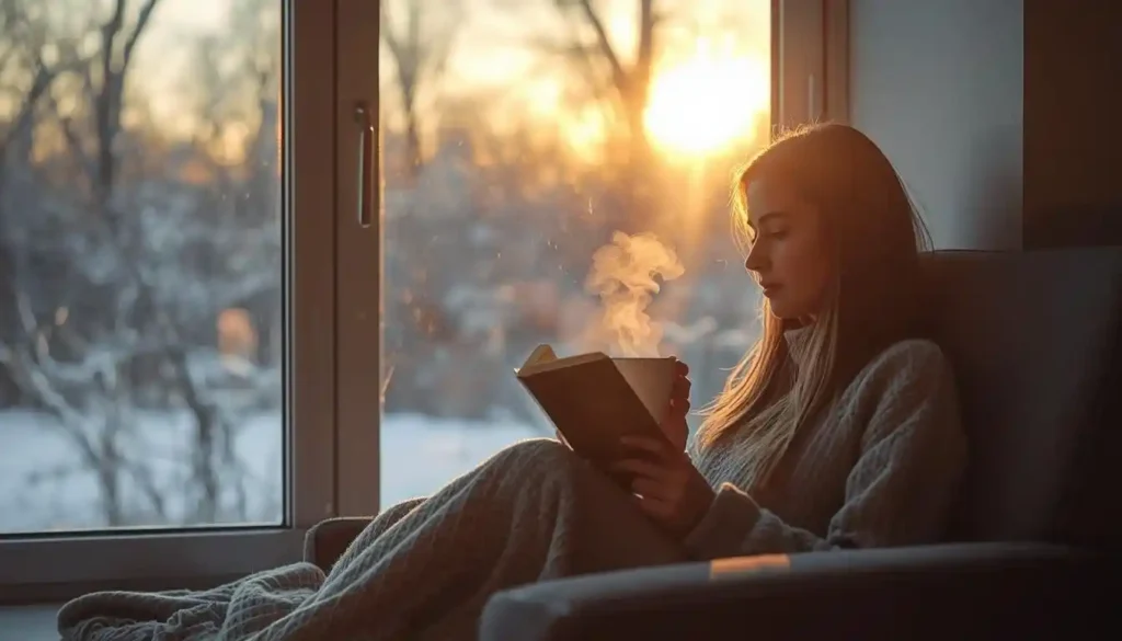 Woman enjoying coffee during a peaceful winter sunrise