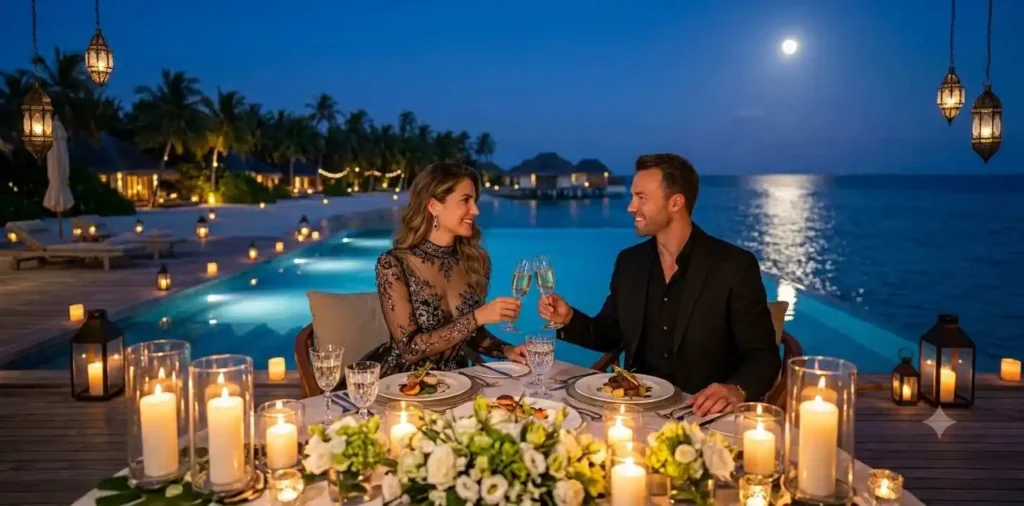 Couple enjoying elegant rooftop dinner overlooking the sea