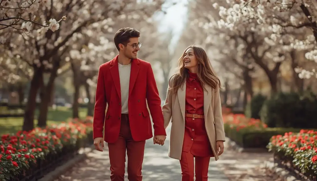 Couple wearing coordinated outfits outdoors
