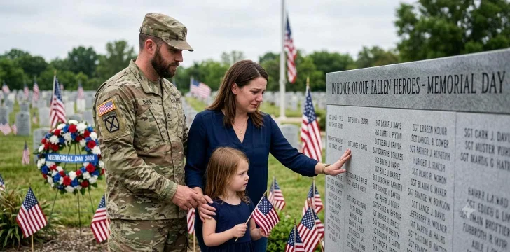 Military family honoring fallen soldier outdoors