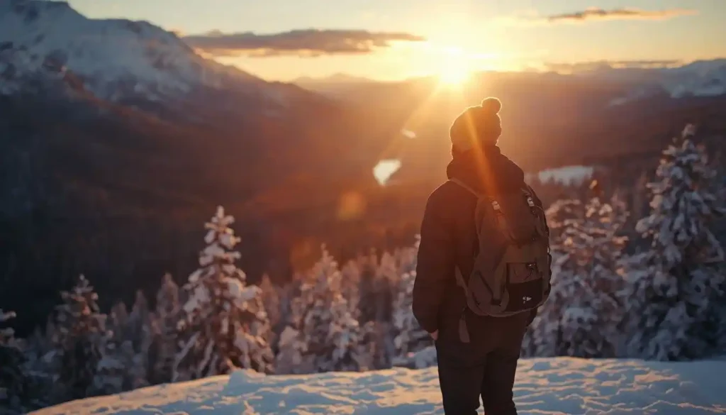 Traveler admiring snowy mountain sunrise