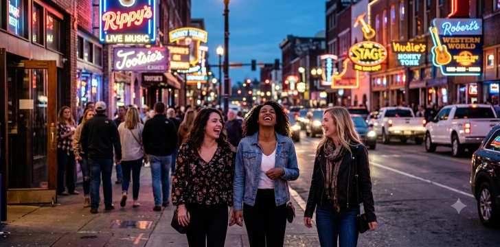 Friends exploring Broadway in downtown Nashville.