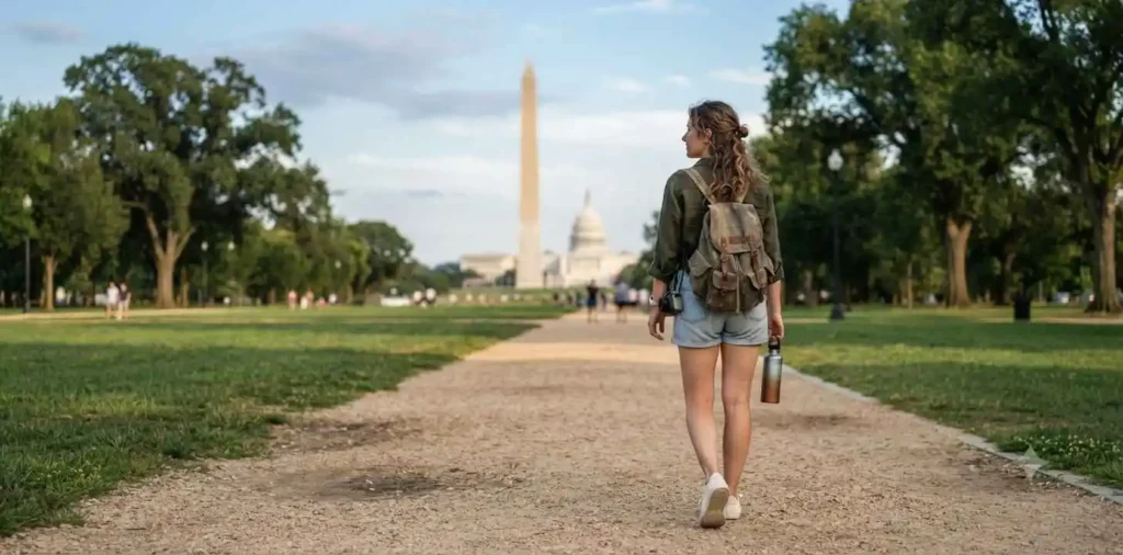 Traveler walking across the National Mall