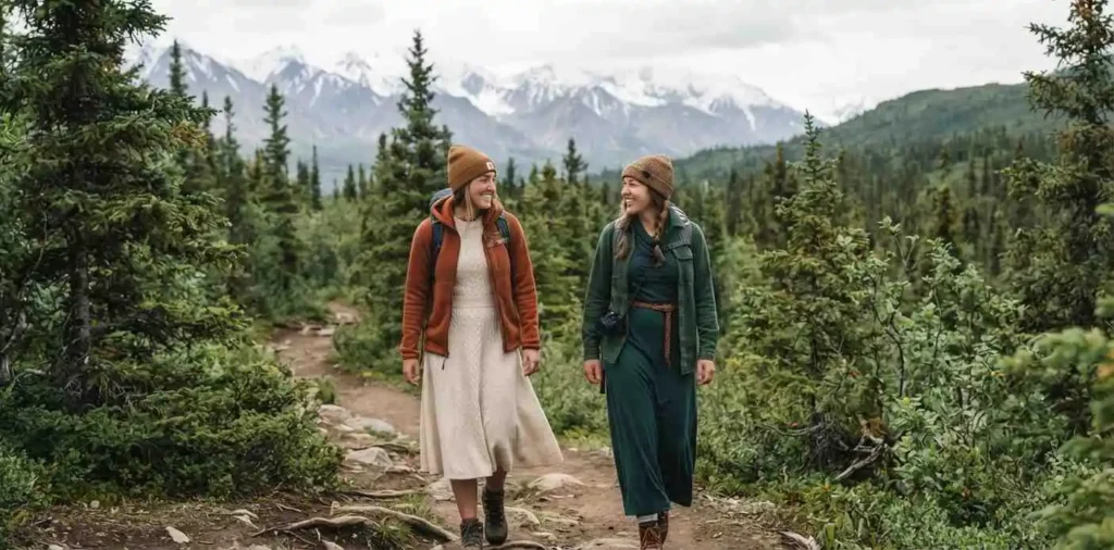 Friends hiking through Alaska national park