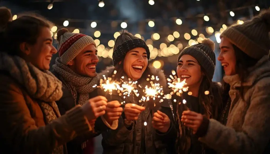 Friends celebrating New Year with sparklers outdoors