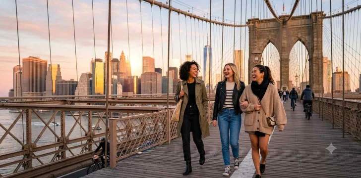 Friends crossing Brooklyn Bridge at sunrise.