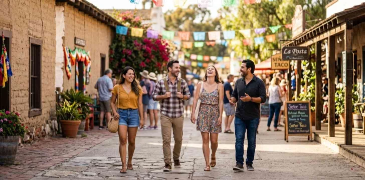 Friends exploring colorful Old Town San Diego streets