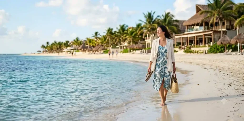 Traveler walking beside turquoise beach in Playa del Carmen