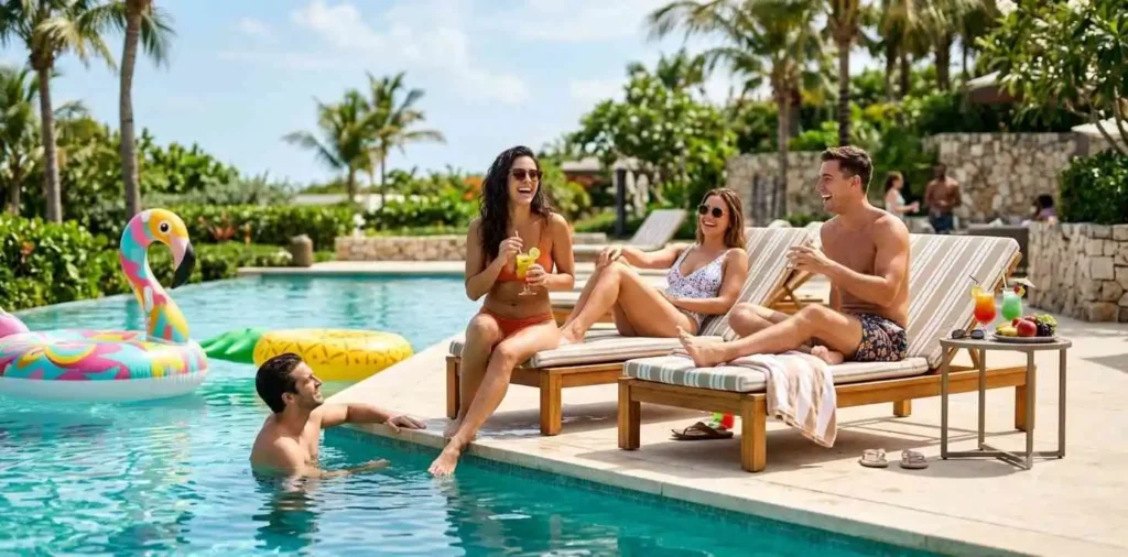 Friends relaxing beside a sunny swimming pool