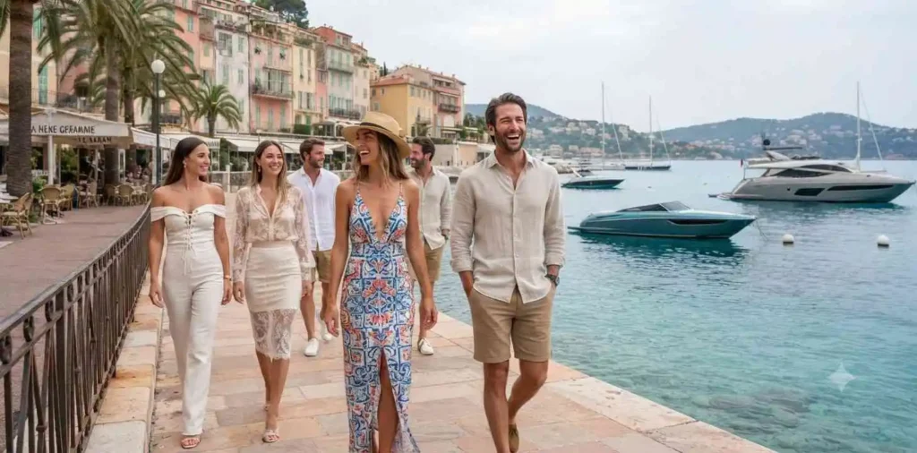 Friends enjoying a French Riviera waterfront promenade